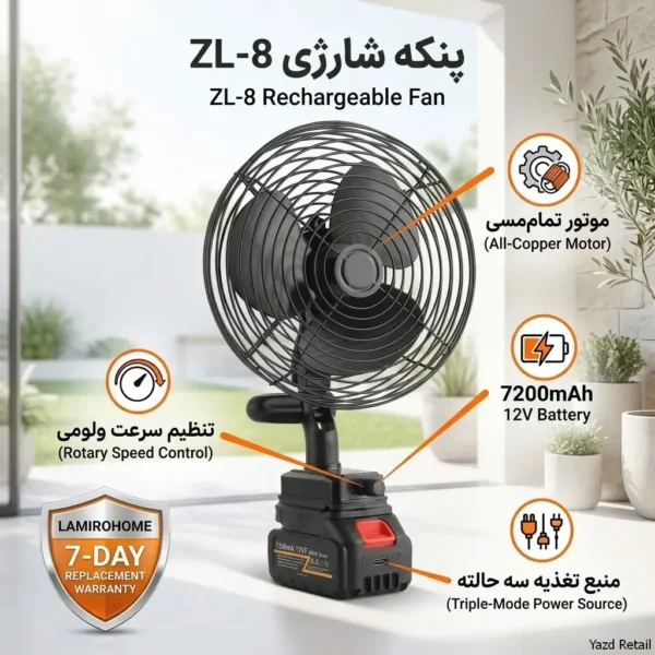 پنکه شارژی لیتیومی مدل ZL-8 مشکی پنکه شارژی لیتیومی مدل ZL-8 مشکی